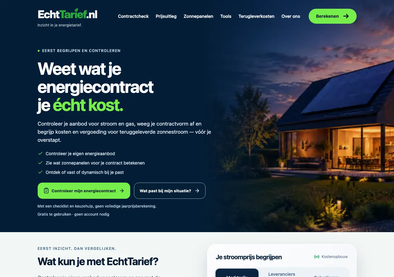 Screenshot van 6 oktober 2026: homepage van echttarief.nl met contractcheck
