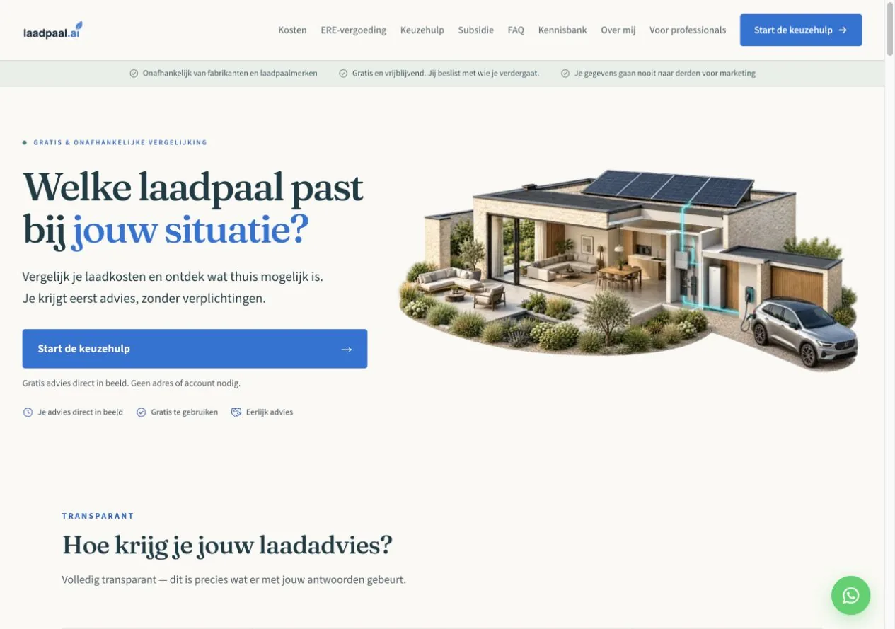 Screenshot van 1 oktober 2026: homepage van laadpaal.ai met woning en auto